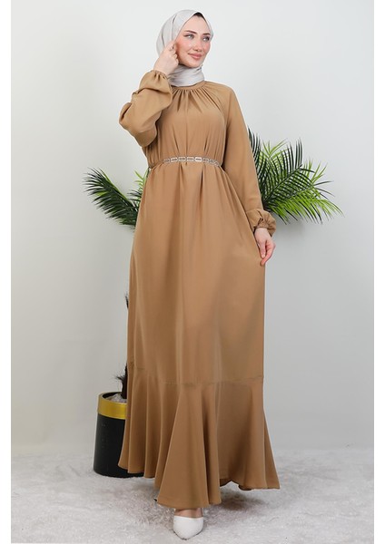Zincir Kuşaklı Tesettür Elbise Sütlükahve