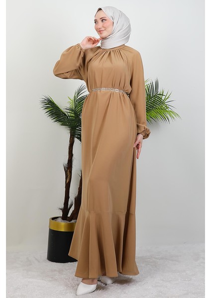 Zincir Kuşaklı Tesettür Elbise Sütlükahve modelleri