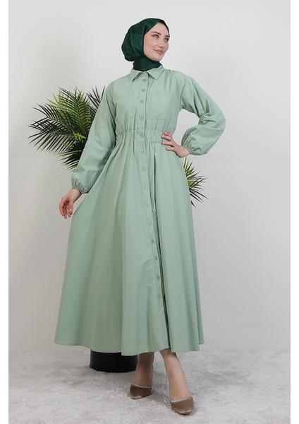 Çift Cepli Poplin Elbise Yeşil