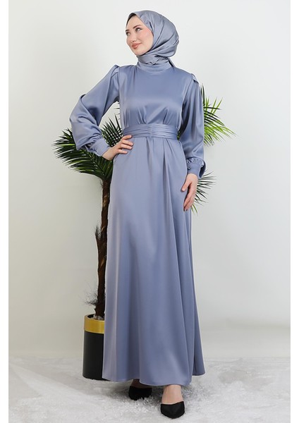 Kemerli Saten Elbise Gri