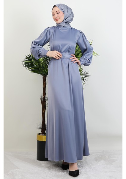 Kemerli Saten Elbise Gri fiyatları