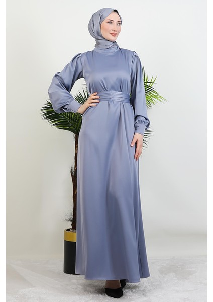 Kemerli Saten Elbise Gri modelleri