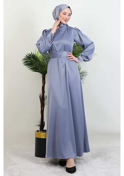 Kemerli Saten Elbise Gri fırsatları