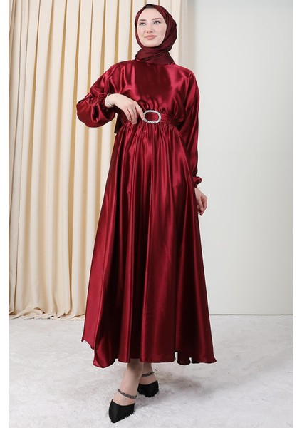 Zincir Motif Kuşaklı Elbise Bordo