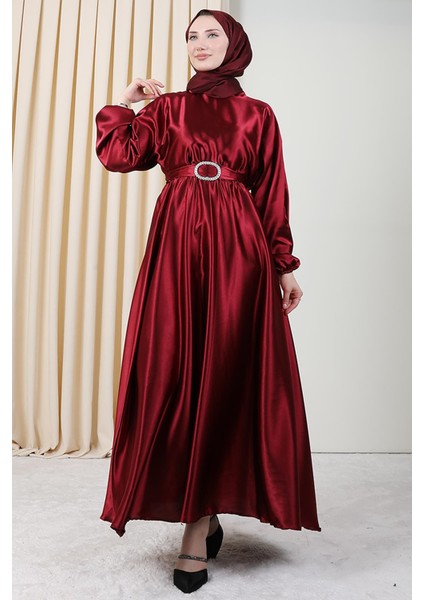 Zincir Motif Kuşaklı Elbise Bordo modelleri