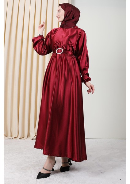 Zincir Motif Kuşaklı Elbise Bordo fırsatları