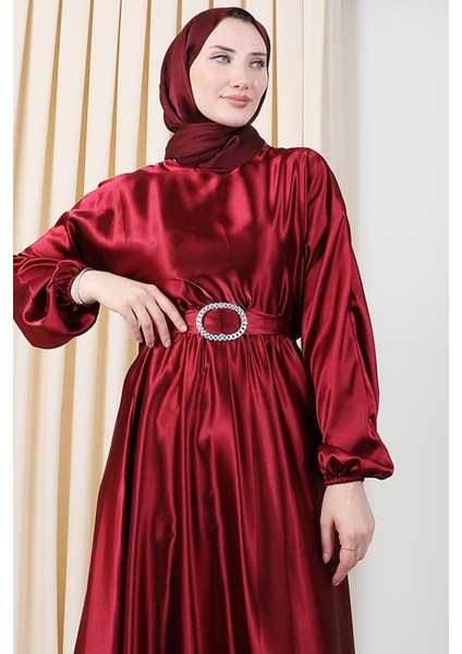 Zincir Motif Kuşaklı Elbise Bordo indirimleri