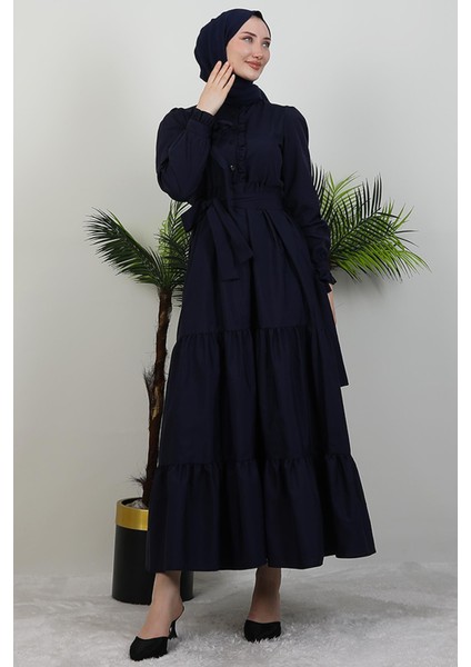 Düğmeli Fırfırlı Elbise Lacivert