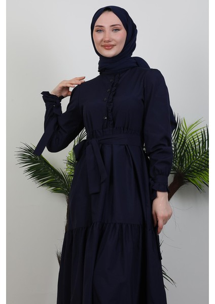 Düğmeli Fırfırlı Elbise Lacivert indirimleri