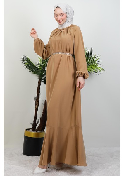 Zincir Kuşaklı Tesettür Elbise Sütlükahve fırsatları