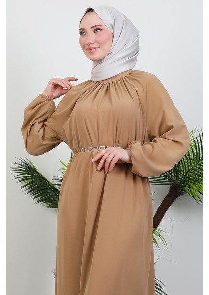 Zincir Kuşaklı Tesettür Elbise Sütlükahve indirimleri