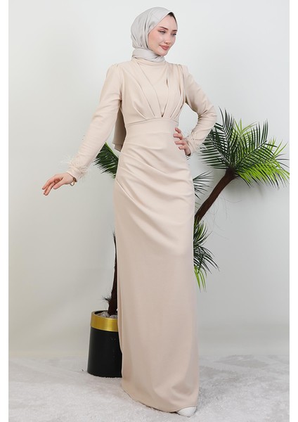 Kolu Tüylü Pile Detay Elbise Krem fiyatları