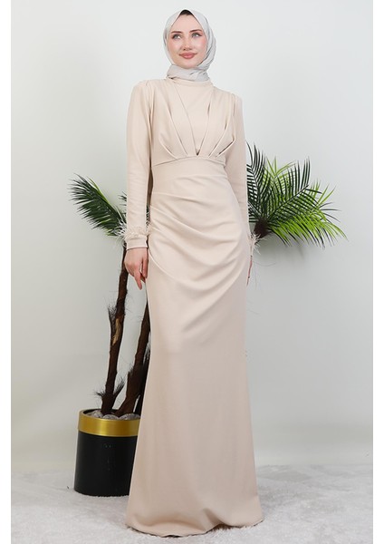 Kolu Tüylü Pile Detay Elbise Krem modelleri