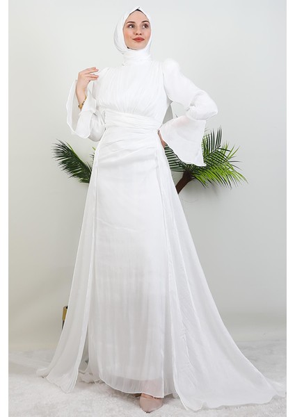 Kolu Volanlı Yoryo Elbise Beyaz