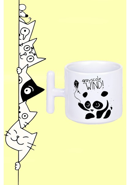 Grayscale Wınd Sevimli Panda Tasarım Baskılı Beyaz T Sap Kupa Bardak