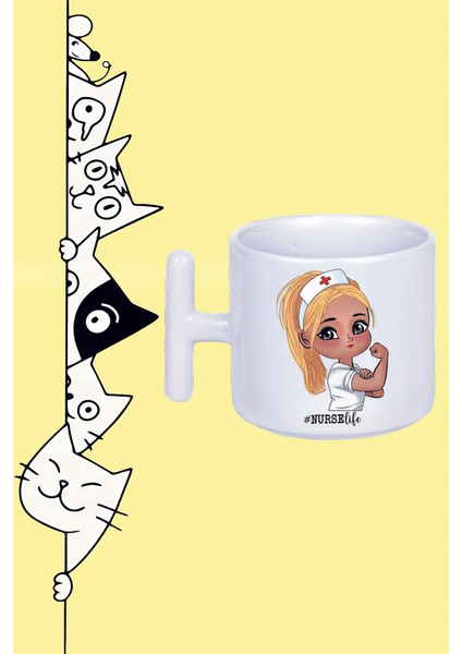 Sarışın Hemşire Nurse Lıfe Tasarım Baskılı Beyaz T Sap Kupa Bardak