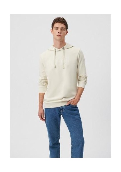 Erkek Mavi Logo Baskılı Kapüşonlu Bej Sweatshirt 065606-70134