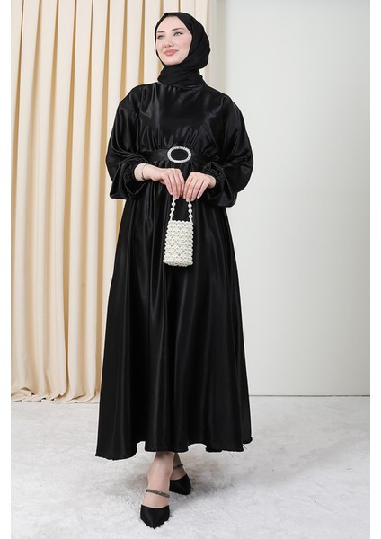 Zincir Motif Kuşaklı Elbise Siyah