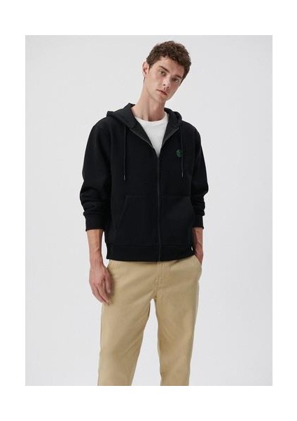 Logolu Kapüşonlu Fermuarlı Siyah Sweatshirt 066979-900