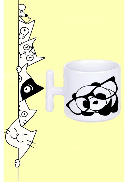 Gözlüklü Panda Tasarım Baskılı Beyaz T Sap Kupa Bardak