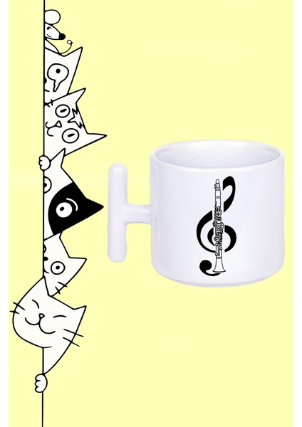 sol Anahtar Nota Müzik Klarnet Tasarım Baskılı Beyaz T Sap Kupa Bardak