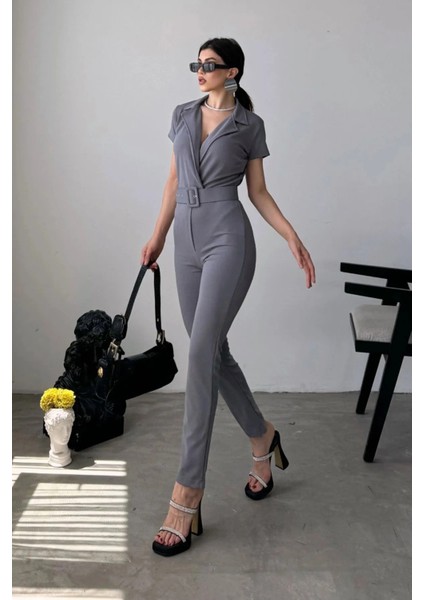 Kemer Detaylı Yakalı Gri Tulum fiyatları