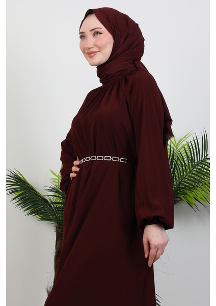 Zincir Kuşaklı Tesettür Elbise Koyu Bordo indirimleri