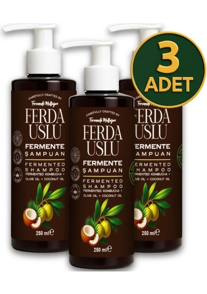 Kombucha Özlü Fermente Şampuan -3 Adet- Organik Zeytinyağı + Hindistan Cevizi Yağı + E Vitamini 250 ml