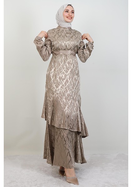 Kendinden Desenli Asimetrik Elbise Bej