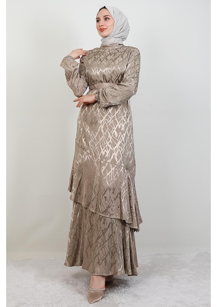 Kendinden Desenli Asimetrik Elbise Bej modelleri