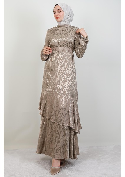 Kendinden Desenli Asimetrik Elbise Bej fırsatları