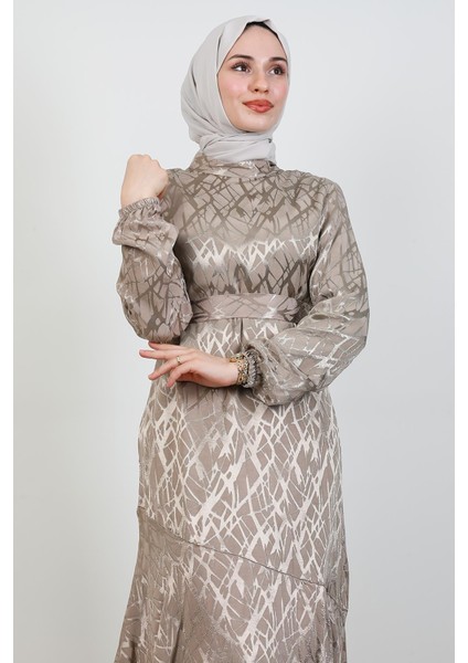 Kendinden Desenli Asimetrik Elbise Bej indirimleri