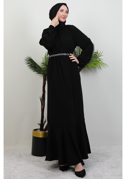 Zincir Kuşaklı Tesettür Elbise Siyah