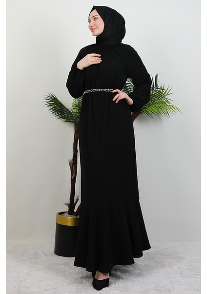 Zincir Kuşaklı Tesettür Elbise Siyah modelleri