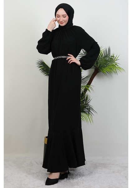 Zincir Kuşaklı Tesettür Elbise Siyah fırsatları