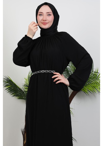 Zincir Kuşaklı Tesettür Elbise Siyah indirimleri