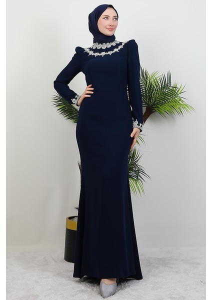 Çiçek Taşlı Elbise Lacivert