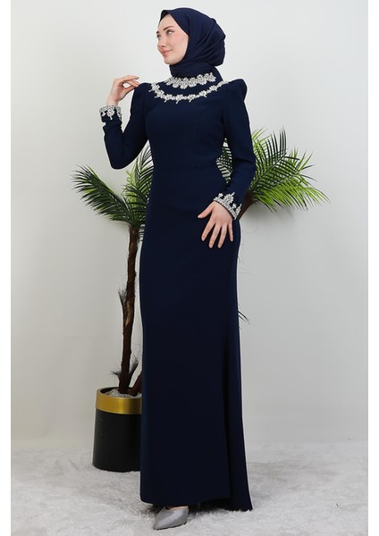 Çiçek Taşlı Elbise Lacivert modelleri