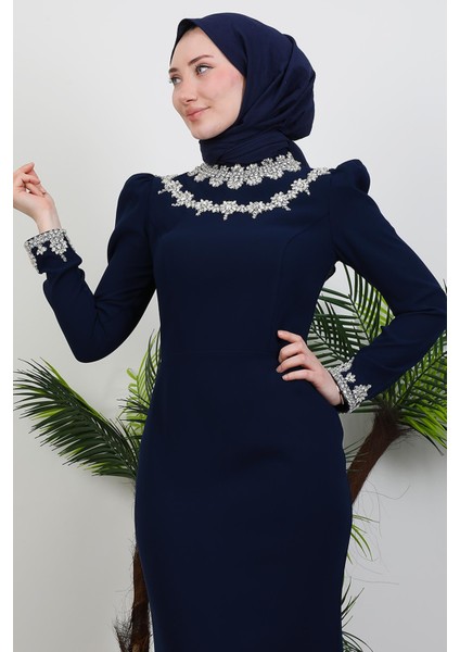 Çiçek Taşlı Elbise Lacivert indirimleri