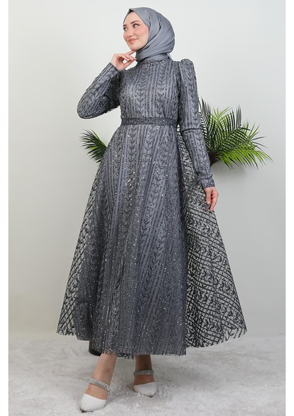 Eva Simli Tesettür Elbise Gri