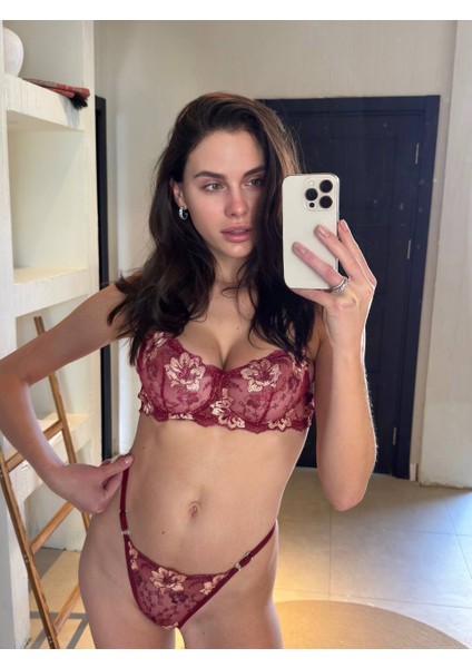 Bordo Çiçekli Sütyen Takımı fiyatları