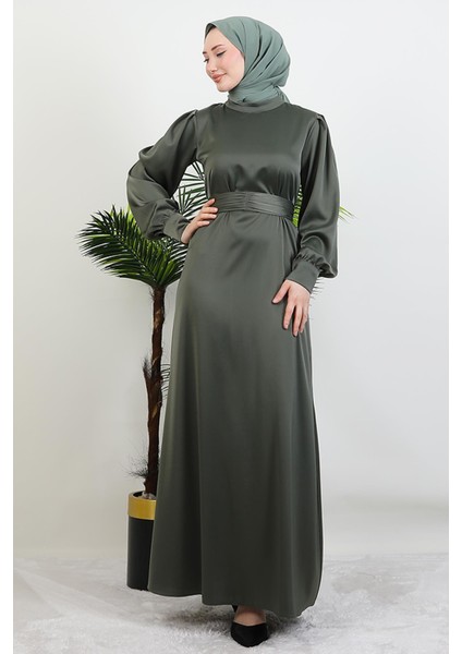 Kemerli Saten Elbise Haki fiyatları