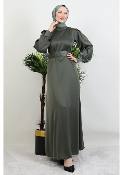 Kemerli Saten Elbise Haki modelleri