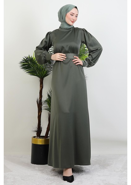 Kemerli Saten Elbise Haki fırsatları