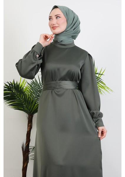 Kemerli Saten Elbise Haki indirimleri