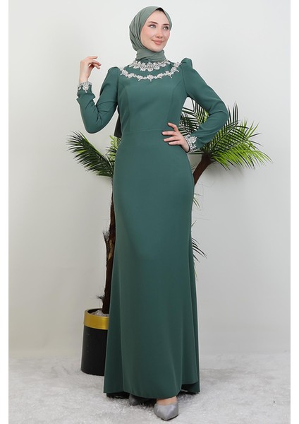 Çiçek Taşlı Elbise Soft Yeşil