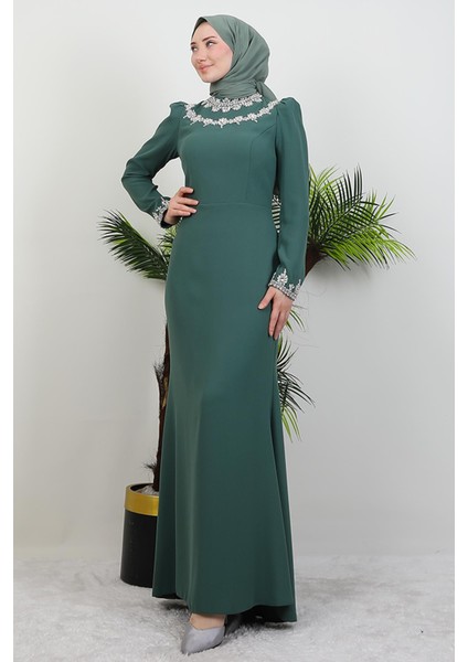 Çiçek Taşlı Elbise Soft Yeşil modelleri