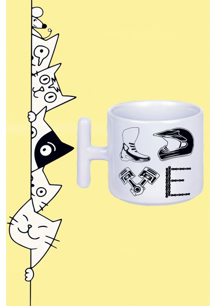 Love Motor Kask Zincir Ayakkabı Motorcycle Tasarım Baskılı Beyaz T Sap Kupa Bardak