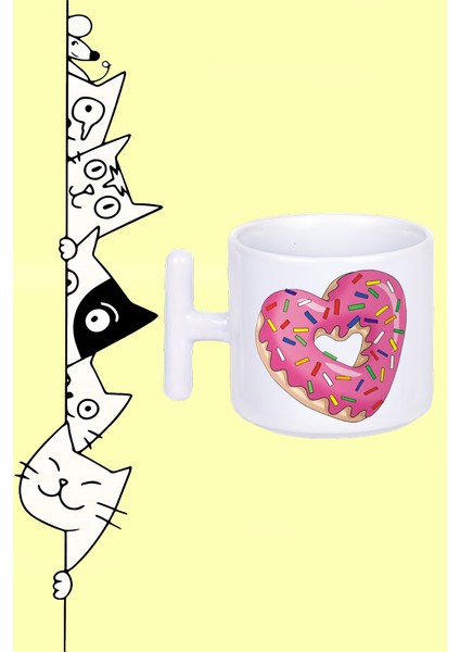 Kalp Donut Tatlı Tasarım Baskılı Beyaz T Sap Kupa Bardak