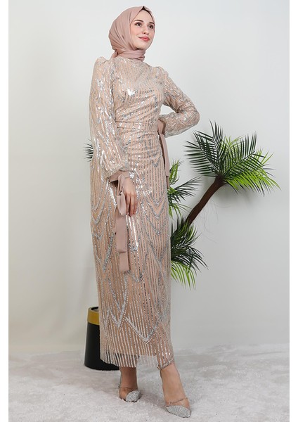 Sevil Simli Elbise Sütlükahve modelleri